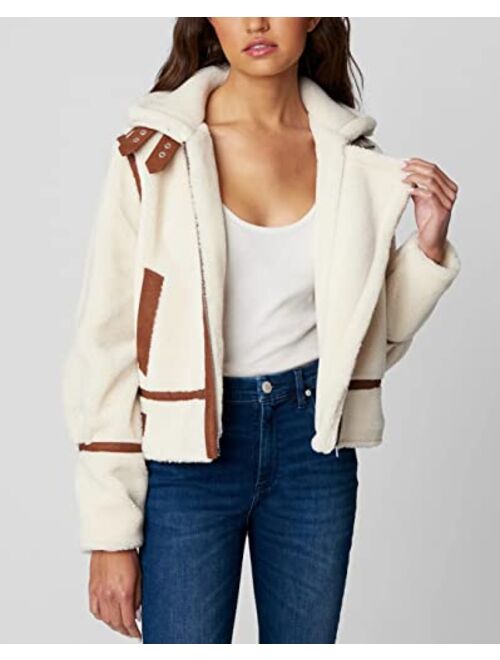 [BLANKNYC] womens Faux Sherpa Moto Jacket With Vegan Leather Taping Detail, Comfortable & Stylish Coat