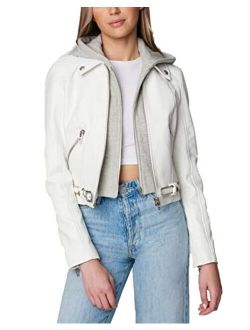 [BLANKNYC] Womens White Vegan Leather Hooded Moto Jacket with Zipper Pockets and Self Belt, Stylish Coat & Designer Clothing