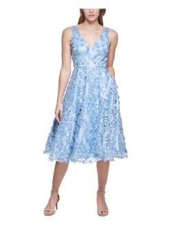 3D-Floral V-Neck Sleeveless Fit & Flare Midi Dress