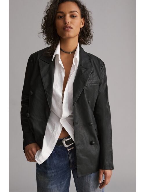 BLANKNYC Double Breasted Long Faux Leather Blazer