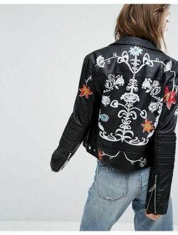BLANK NYC Secret Keeper Embroidered Floral Faux Leather Jacket XS Black Moto