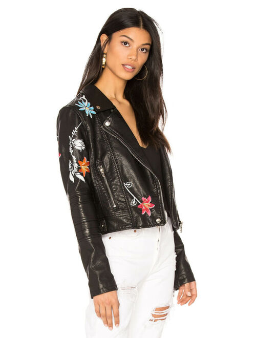 BLANKNYC BLANK NYC Secret Keeper Embroidered Floral Faux Leather Jacket XS Black Moto