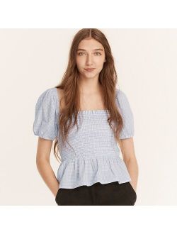 Squareneck smocked cotton voile top in gingham