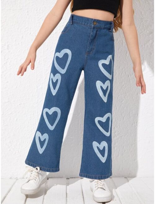 Shein Girls Heart Print Wide Leg Jeans