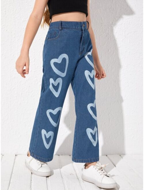 Shein Girls Heart Print Wide Leg Jeans