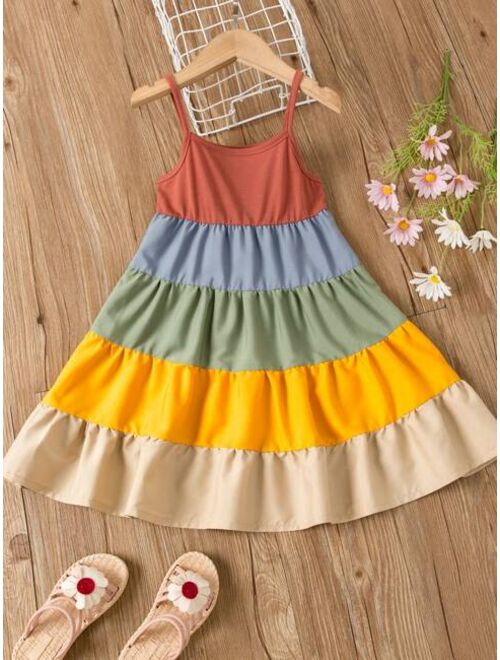 Shein Toddler Girls Color Block Ruffle Hem Cami Dress