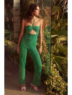 Love the Vibes Green Ribbed Cutout Halter Lounge Jumpsuit