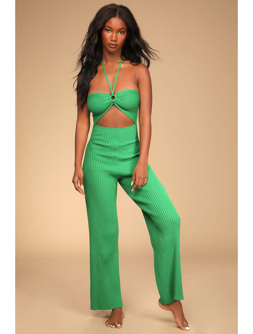 Lulus Love the Vibes Green Ribbed Cutout Halter Lounge Jumpsuit