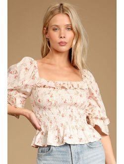 It's a Real Love Beige Floral Print Smocked Ruffled Top