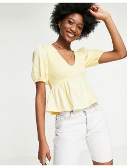 shirred peplum smock top with short sleeve in yellow