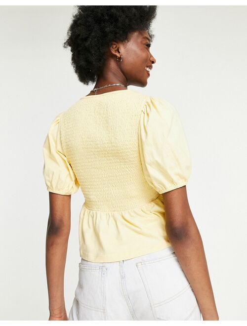 ASOS DESIGN shirred peplum smock top with short sleeve in yellow