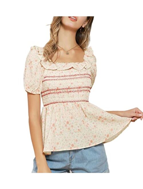 Grace Karin Women's Square Neck Tops Floral Ruffle Hem Shirred Smocked Short Sleeve Peplum Blouse Shirt
