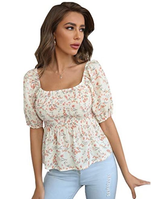 Floerns Women's Boho Ditsy Floral Square Neck Short Sleeve Shirred Blouse Tops