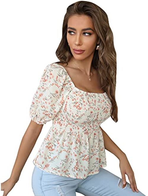 Floerns Women's Boho Ditsy Floral Square Neck Short Sleeve Shirred Blouse Tops