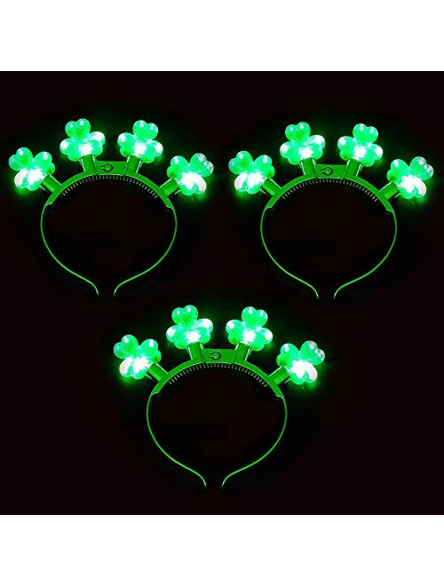 Joyin 3 Pcs St Patrick's Day LED Light Up Shamrock Headbands Iris Green Clover Headwear Glow in the Dark St Patricks Party Accessories Party Favor Supplies