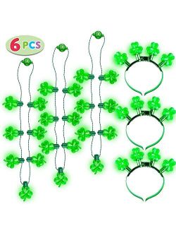 Joyin 6 Pcs St. Patrick's Day Shamrock LED Light Up Headband and Necklace Party Accessories Iris Green Saint Patricks Glow in the Dark Party Favor Supplies