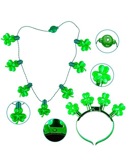 Joyin 6 Pcs St. Patrick's Day Shamrock LED Light Up Headband and Necklace Party Accessories Iris Green Saint Patricks Glow in the Dark Party Favor Supplies