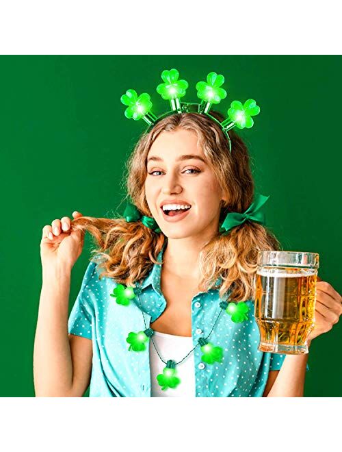 Joyin 6 Pcs St. Patrick's Day Shamrock LED Light Up Headband and Necklace Party Accessories Iris Green Saint Patricks Glow in the Dark Party Favor Supplies