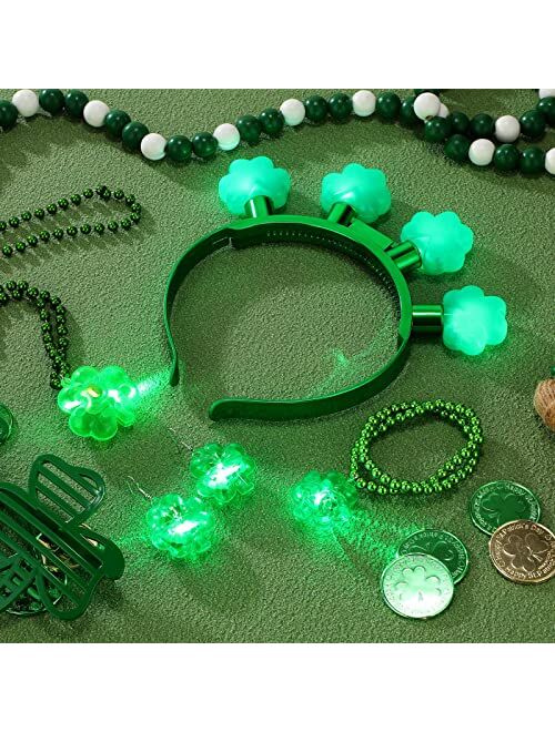 Bonuci 5 Pieces Light up St Patrick's Day Accessories, Saint Patty Day Light up Metallic Beads Necklaces Bracelet LED Clover Earrings Green Shamrock Headband for Irish Dr