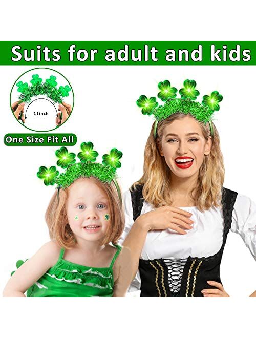 TURNMEON 4 Pack St.Patrick's Day Light up Tinsel Green Shamrocks Clovers Headbands Hat Accessories for Women Saint Patrick's Party Favors Costume Irish Party Supplies Dec