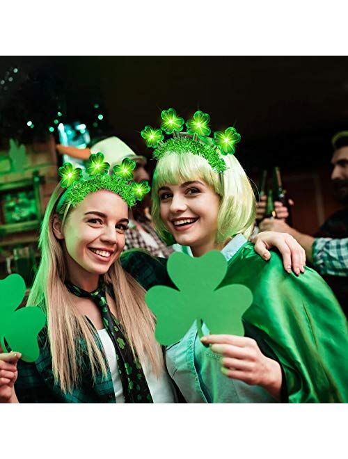 TURNMEON 4 Pack St.Patrick's Day Light up Tinsel Green Shamrocks Clovers Headbands Hat Accessories for Women Saint Patrick's Party Favors Costume Irish Party Supplies Dec