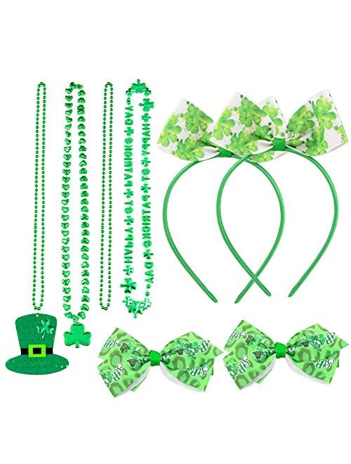 Linsoir Beads 8 Pack St. Patrick's Day Parade Accessories Green Shamrock Clover Top Hat Necklaces Shamrock Headband Shamrock Hair Bows for St. Patrick's Day Holiday Costu