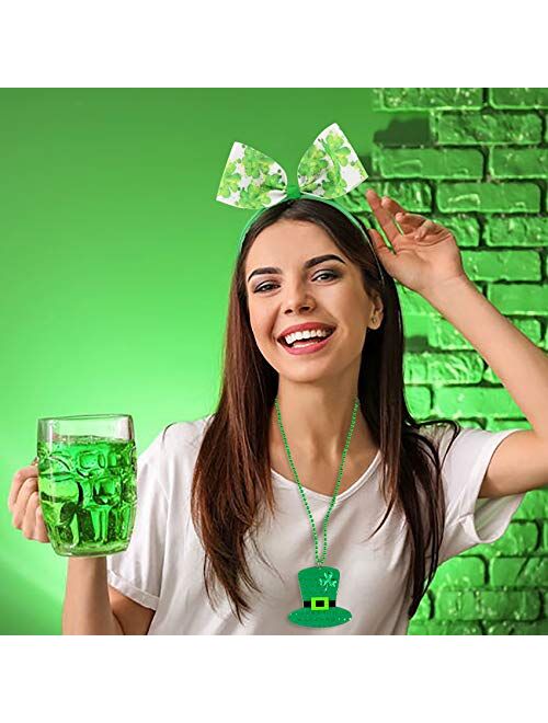 Linsoir Beads 8 Pack St. Patrick's Day Parade Accessories Green Shamrock Clover Top Hat Necklaces Shamrock Headband Shamrock Hair Bows for St. Patrick's Day Holiday Costu