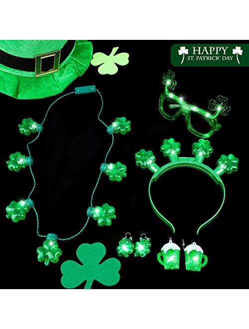 Fovths 5 Pieces St Patrick's Day Accessories Light Up Green Irish Shamrock Headband and Necklace LED Earrings and Light Up Shamrock Glasses for Saint Patrick's Party Favo