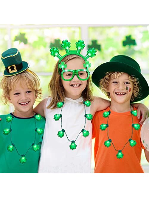 Fovths 5 Pieces St Patrick's Day Accessories Light Up Green Irish Shamrock Headband and Necklace LED Earrings and Light Up Shamrock Glasses for Saint Patrick's Party Favo