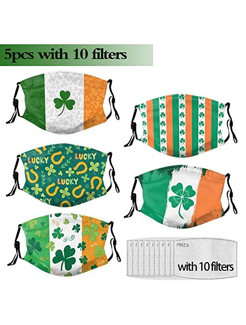 Molsfved St. Patrick's Day Face Mask Reusable Ireland Shamrock Clover Mask Adjustable Ear Loops for Adult 5pcs with 10 Filters