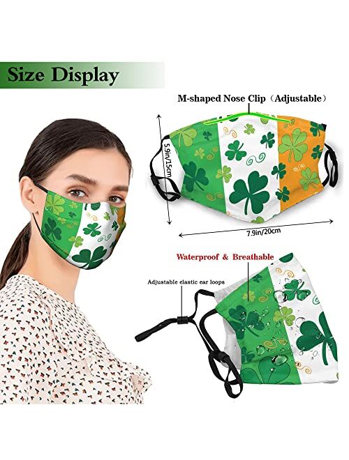 Molsfved St. Patrick's Day Face Mask Reusable Ireland Shamrock Clover Mask Adjustable Ear Loops for Adult 5pcs with 10 Filters