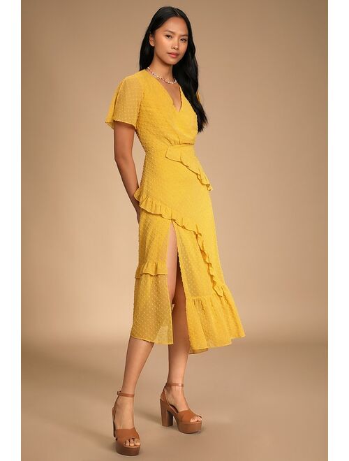 Lulus Next to You Mustard Yellow Swiss Dot Ruffled Midi Dress
