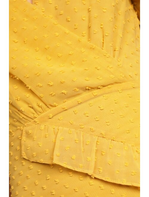 Lulus Next to You Mustard Yellow Swiss Dot Ruffled Midi Dress