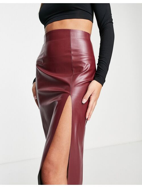 ASOS DESIGN leather look pencil skirt with super high split in chocolate