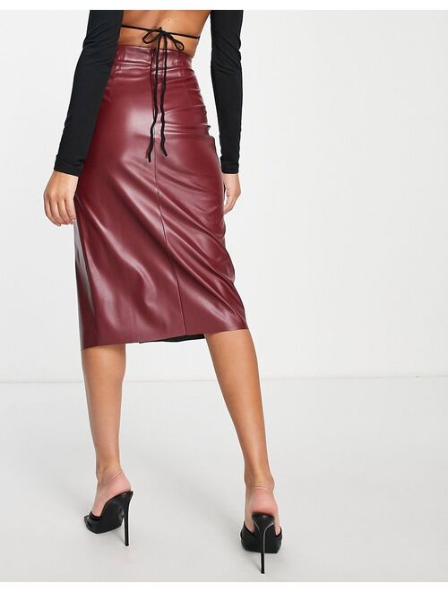 ASOS DESIGN leather look pencil skirt with super high split in chocolate