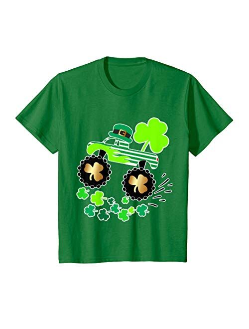 Saint Patricks Day Monster Truck For Toddler Boy Kids Boys St Patricks Day Monster Truck Funny Leprechaun Shamrock T-Shirt