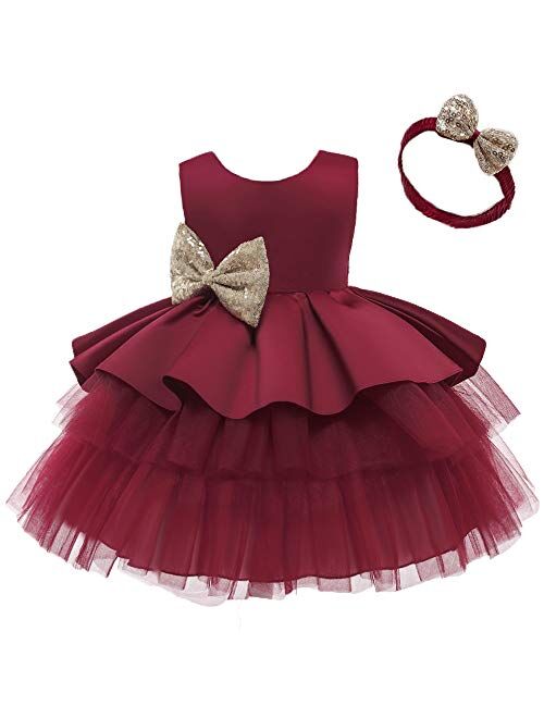 NSSMWTTC 6M-6T Baby Backless Pageant Dress Toddler Girls Tutu Gown Flower Dresses with Headwear