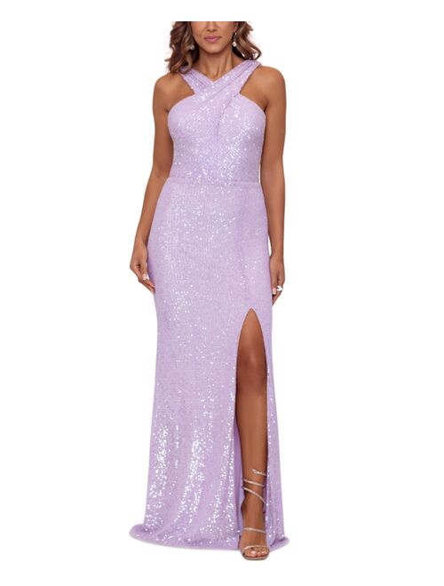 XSCAPE Sequinned Cross-Neck Gown