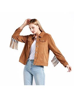 SUMMER HANA Women's Fringe Shirt Collar Jacket Long Sleeve Faux Suede Cowgirl Tassel Coat Moto Biker Tops