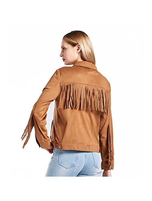 SUMMER HANA Women's Fringe Shirt Collar Jacket Long Sleeve Faux Suede Cowgirl Tassel Coat Moto Biker Tops
