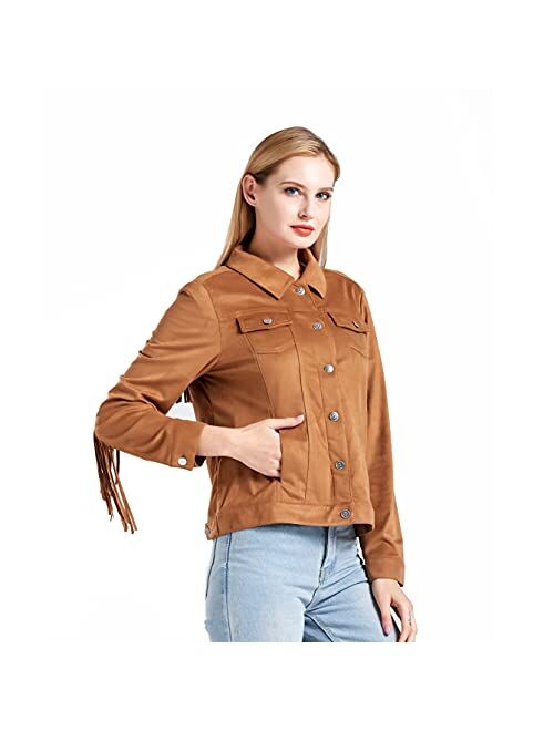 SUMMER HANA Women's Fringe Shirt Collar Jacket Long Sleeve Faux Suede Cowgirl Tassel Coat Moto Biker Tops