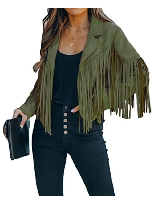 Buy CHARTOU Women's Chic Cropped Tassel Fringe Faux Suede Moto Jacket ...
