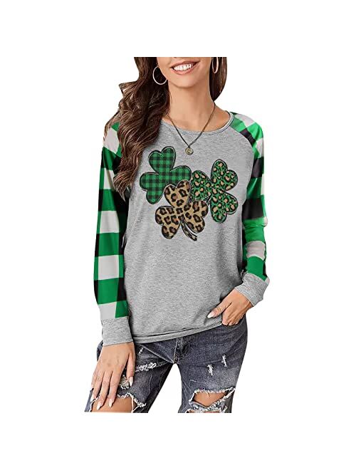 Anbech St. Patricks Day Shirt Women Funny Leopard Clover Graphic Top Cute Shamrock Long Sleeve Plaid Tee