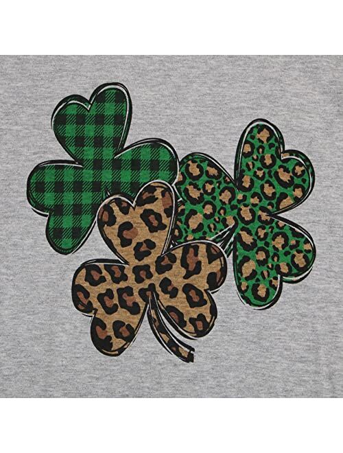 Anbech St. Patricks Day Shirt Women Funny Leopard Clover Graphic Top Cute Shamrock Long Sleeve Plaid Tee