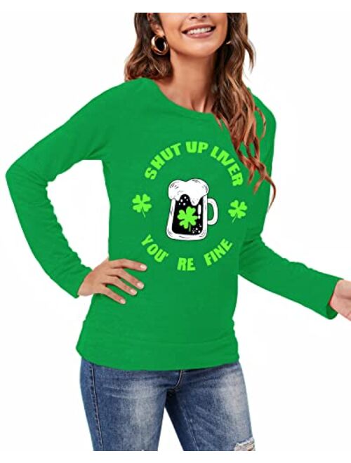 FEDPOP St Patricks Day Shirt Women Round Neck Long Sleeve Green Irish Tops