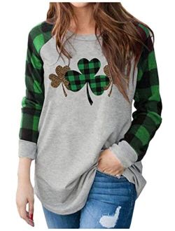 Chicfloral Women St. Patrick's Day Long Sleeve Raglan T-Shirt I Love Shenanigans Shamrock Graphic Splicing Tees Shirt Tops