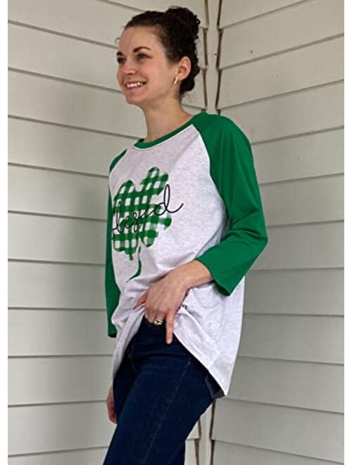 Blessed Clover T Shirt Women St. Patricks Day Plaid Shamrock Shirt 3/4 Sleeve Raglan Baseball Tee Top