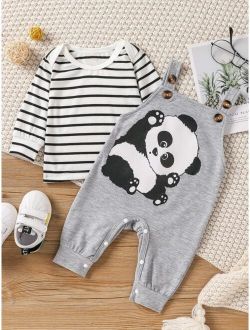 Baby Striped Tee & Panda Print Overall Jumpsuit