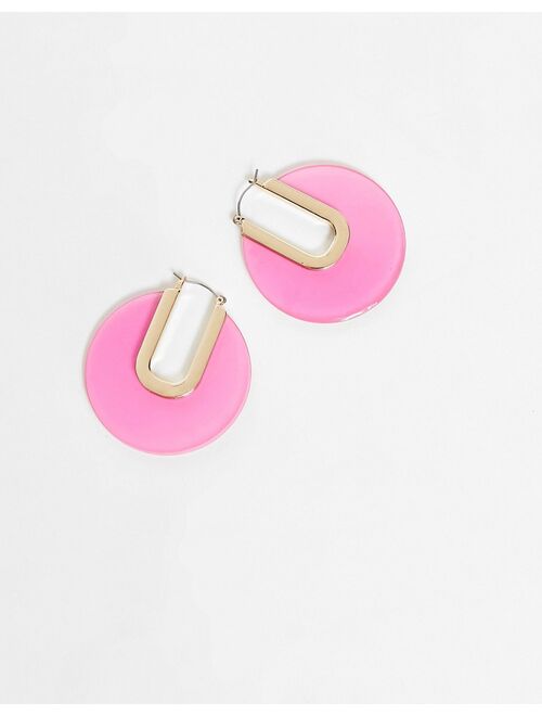 ASOS DESIGN hoop earrings in resin disc design in pink tone