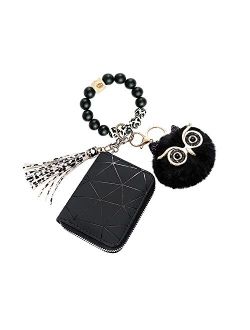 GYLBF Wristlet Keychain Bracelet Wallet, Silicone Beaded Bangle Keyring Tassel for Women, with Cute Owl Pom Pom Keychain